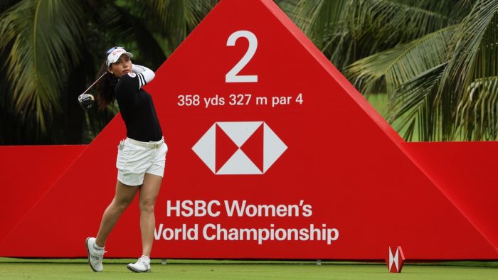 SINGAPORE, SINGAPORE - MARCH 06: Atthaya Thitikul of Thailand tees off on the second hole during the Final Round of the HSBC Women's World Championship at Sentosa Golf Club on March 06, 2022 in Singapore. (Photo by Andrew Redington/Getty Images)