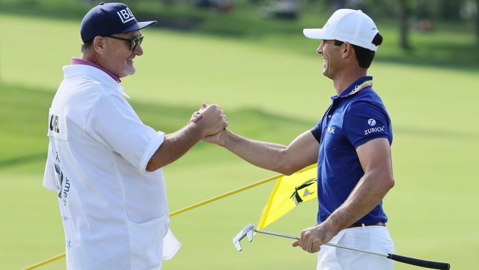 DUBLIN, OHIO - JUNE 05: Billy Horschel of the United States celebrates with his caddie Mark Fulcher on the 18th green after winning the Memorial Tournament presented by Workday at Muirfield Village Golf Club on June 05, 2022 in Dublin, Ohio. (Photo by Andy Lyons/Getty Images)