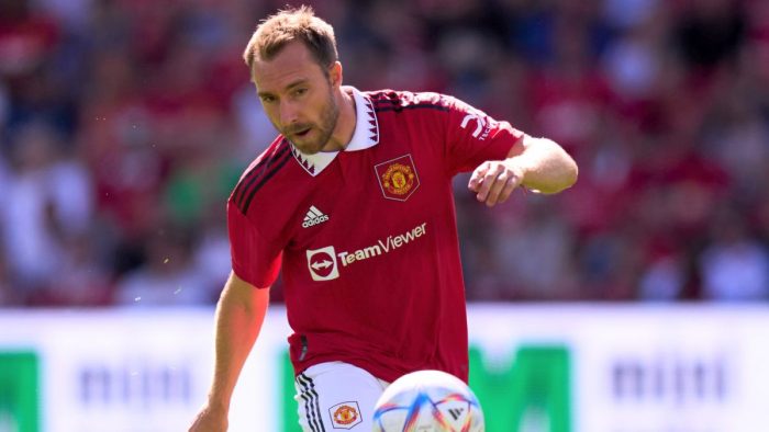 OSLO, NORWAY - JULY 30: Christian Eriksen of Manchester United plays the ball during the pre-season friendly match between Manchester United and Atletico Madrid at Ullevaal Stadion on July 30, 2022 in Oslo, Norway. (Photo by Manchester United/Manchester United via Getty Images)
