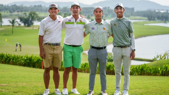 (L-r) Sarut Vongchaisit of Thailand, Runchanapong Youprayong of Thailand, Ashita Piamkulvanich of Thailand and Pongsapak Laopakdee of Thailand pose together after taking part in a press conference following a practice round ahead of the 2022 Asia-Pacific Amateur Championship being played at the Amata Spring Country Club in Thailand on Tuesday, October 25, 2022. Photograph by AAC