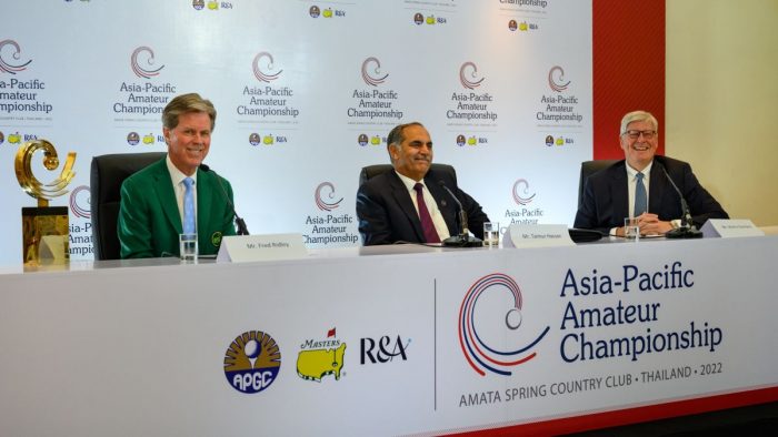Fred Ridley, Chairman of Augusta National Golf Club, Taimur Hassan Amin, Chairman of the Asia-Pacific Golf Confederation and Martin Slumbers, Chief Executive of The R&A, speak to the media in a press conference for the announcement that the 14th Asia-Pacific Amateur Championship (AAC) will be contested at Royal Melbourne Golf Club in Melbourne, Australia, 26-29 October, 2023. The AAC will return to Royal Melbourne nine years after the Championship was hosted at the venue in 2014. The 2022 Asia-Pacific Amateur Championship being played at the Amata Spring Country Club in Thailand on Thursday, October 27, 2022. Photograph by AAC