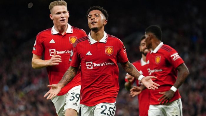 2JR71BR Manchester United's Jadon Sancho celebrates scoring their side's first goal of the game during the Premier League match at Old Trafford, Manchester. Picture date: Monday August 22, 2022.
