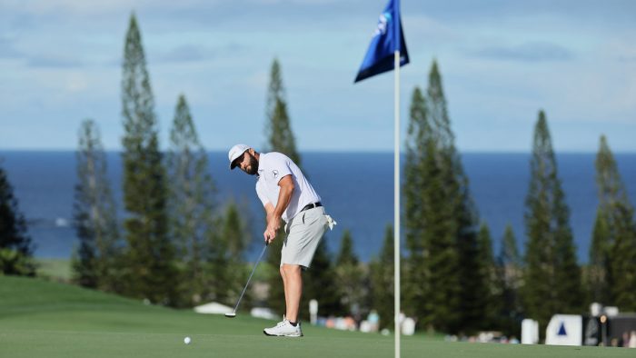 LAHAINA, HAWAII - JANUARY 04: Jon Rahm of Spain putts prior to the Sentry Tournament of Champions at Plantation Course at Kapalua Golf Club on January 04, 2023 in Lahaina, Hawaii. (Photo by Andy Lyons/Getty Images)
