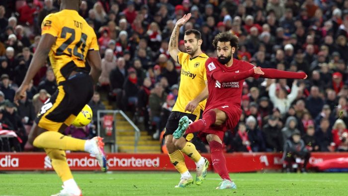 Soccer Football - FA Cup Third Round - Liverpool v Wolverhampton Wanderers - Anfield, Liverpool, Britain - January 7, 2023 Liverpool's Mohamed Salah scores their second goal REUTERS/Phil Noble