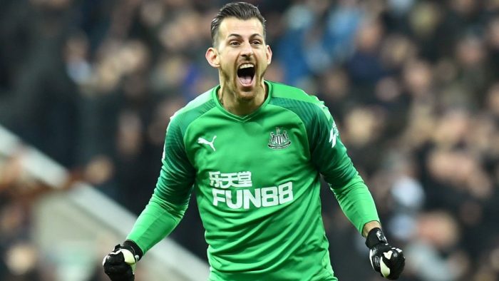 NEWCASTLE UPON TYNE, ENGLAND - DECEMBER 21: Martin Dubravka of Newcastle United reacts to his sides first goal  during the Premier League match between Newcastle United and Crystal Palace at St. James Park on December 21, 2019 in Newcastle upon Tyne, United Kingdom. (Photo by Mark Runnacles/Getty Images)