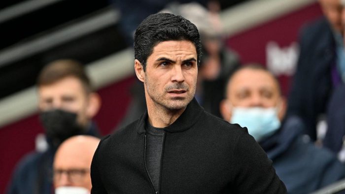 2J6FN4N London UK 1st May 2022. Mikel Arteta (Arsenal manager) during the West Ham vs Arsenal Premier League match at the London Stadium Stratford.Credit: Martin Dalton/Alamy Live News. This Image is for EDITORIAL USE ONLY. Licence required from the the Football DataCo for any other use. Credit: MARTIN DALTON/Alamy Live News
