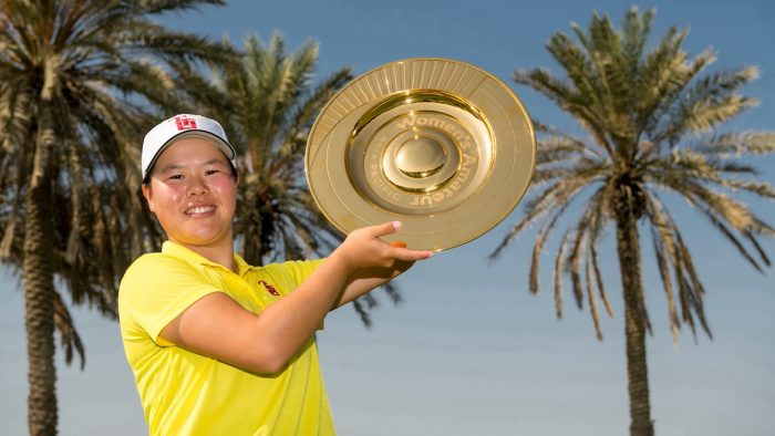 ABU DHABI, UNITED ARAB EMIRATES - NOVEMBER 13:   Mizuki Hashimoto of Japan poses with the trophy following her victory during Day Four of the Women's Amateur Asia-Pacific championship at Abu Dhabi Golf Club on November 13, 2021 in Abu Dhabi, United Arab Emirates. (Photo by Graham Uden/R&A/R&A via Getty Images)