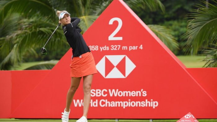 SINGAPORE, SINGAPORE - FEBRUARY 28: Nelly Korda of the United States plays her shot from the second tee during the first round of the HSBC Women's World Championship at Sentosa Golf Club on February 28, 2019 in Singapore. (Photo by Ross Kinnaird/Getty Images)