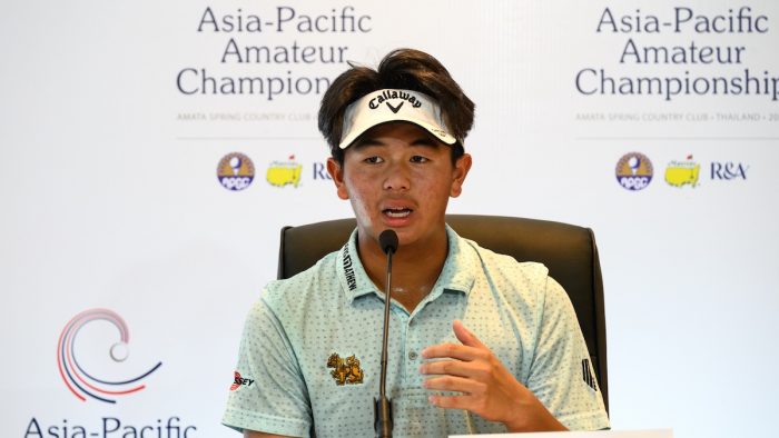 TK Chantananuwat of Thailand speaks to the media in a pre-event press conference ahead of the 2022 Asia-Pacific Amateur Championship being played at the Amata Spring Country Club in Thailand on Wednesday, October 26, 2022. Photograph by AAC