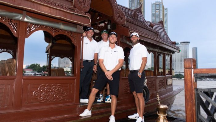 BANGKOK, THAILAND - OCTOBER 04: Patrick Reed of the 4 Aces GC, Pat Perez of the 4 Aces GC, Talor Gooch of the 4 Aces GC and Team Captain Dustin Johnson of the 4 Aces GC pose for a photo before the LIV Golf Invitational Bangkok outside of the Mandarin Oriental on October 04, 2022 in Bangkok, Thailand. (Photo by Montana Pritchard/LIV Golf)