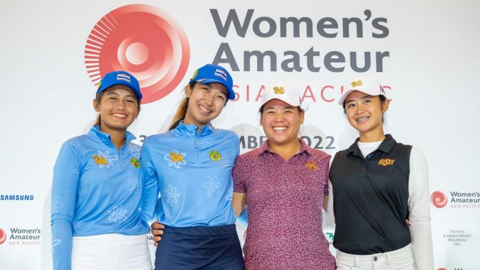 CHON BURI, THAILAND - NOVEMBER 01:   Taglao Jeeravivtaporn, Pusanisa Ekkantrong, Rina Tatematsu and Pimpisa Rubrong of Thailand pose together at a press conference prior to the Women's Amateur Asia-Pacific Championship at Siam Country Club on November 01, 2022 in Chon Buri, Thailand. (Photo by Graham Uden/R&A/R&A via Getty Images)