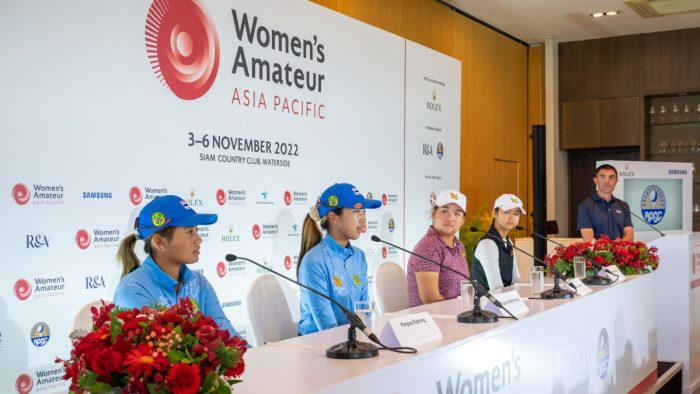 CHON BURI, THAILAND - NOVEMBER 01:   Taglao Jeeravivtaporn, Pusanisa Ekkantrong, Rina Tatematsu and Pimpisa Rubrong of Thailand answer questions at a press conference prior to the Women's Amateur Asia-Pacific Championship at Siam Country Club on November 01, 2022 in Chon Buri, Thailand. (Photo by Graham Uden/R&A/R&A via Getty Images)