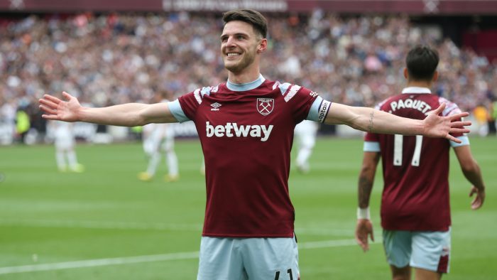 LONDON, ENGLAND - MAY 21: West Ham United's Declan Rice celebrates scoring his side's first goal during the Premier League match between West Ham United and Leeds United at London Stadium on May 21, 2023 in London, United Kingdom. (Photo by Rob Newell - CameraSport via Getty Images)